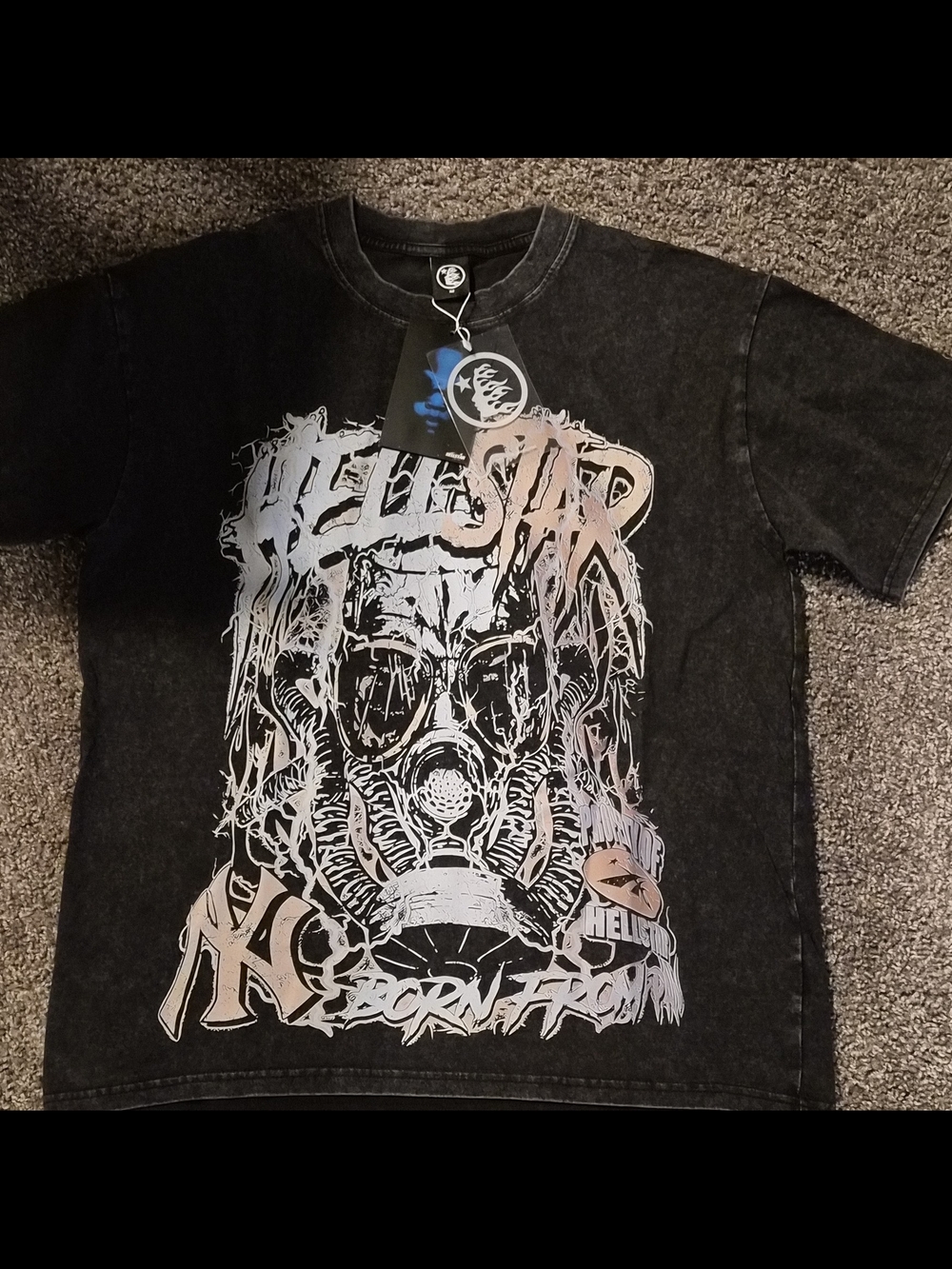 Hellstar Black Graphic Short Sleeve Tee with Gas Mask Design